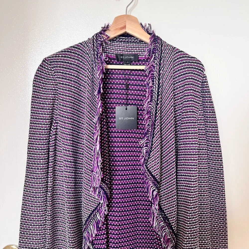 NWT St. John Fiore Knit Coat Open Waterfall Fringe Wool Blend Cardigan Purple M